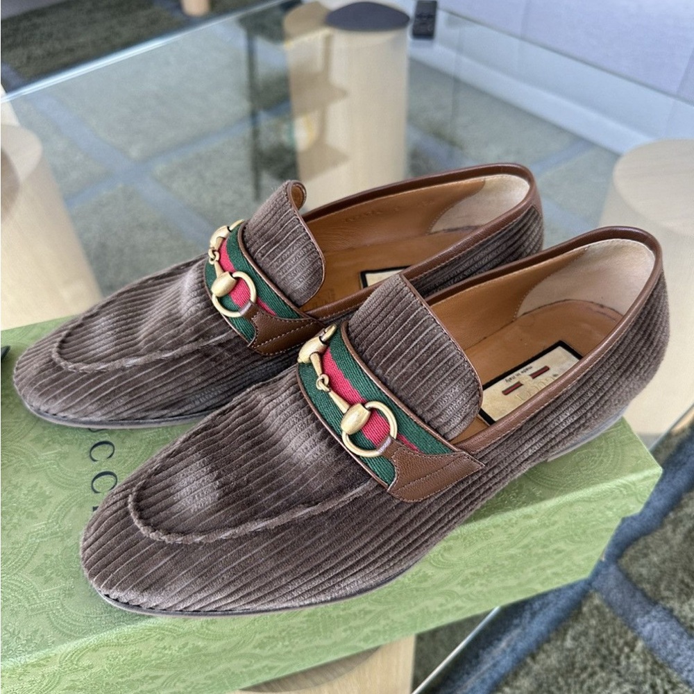 Gucci Brown Corduroy Loafers with Gold and Green Accents